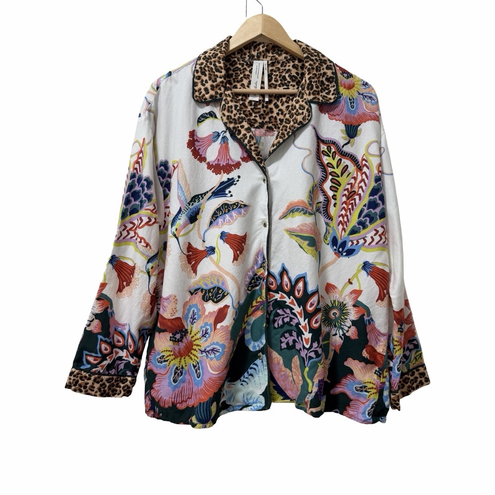 Anthropologie Sarah Cader Floral Leopard Print Button Up Sleep Shirt Size L Cozy